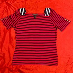 Ralph Lauren Red and Dark Blue Striped Short Sleeve Top